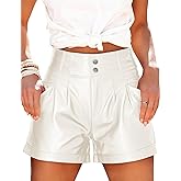 Fallorchid Women's Faux Leather High Waist Shorts Pleated Wide Leg Pants Shorts with Pockets