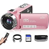 Video Camera, 4K Camcorder 56MP Digital Video Recorder 18X Zoom 3" 270° Rotation Touchscreen IR Night Vision, Wifi Vlogging Camera for YouTube 64GB Card Anti-Shake Remote Control Camera Bag Lens Cap