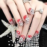 Dongcrystal 24Pcs 3D Bling Nail Art Jewelry Glitter Rhinestone Decor Nail Tips Red Fake Nails