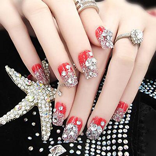 Dongcrystal 24Pcs 3D Bling Nail Art Jewelry Glitter Rhinestone Decor Nail Tips Red Fake Nails