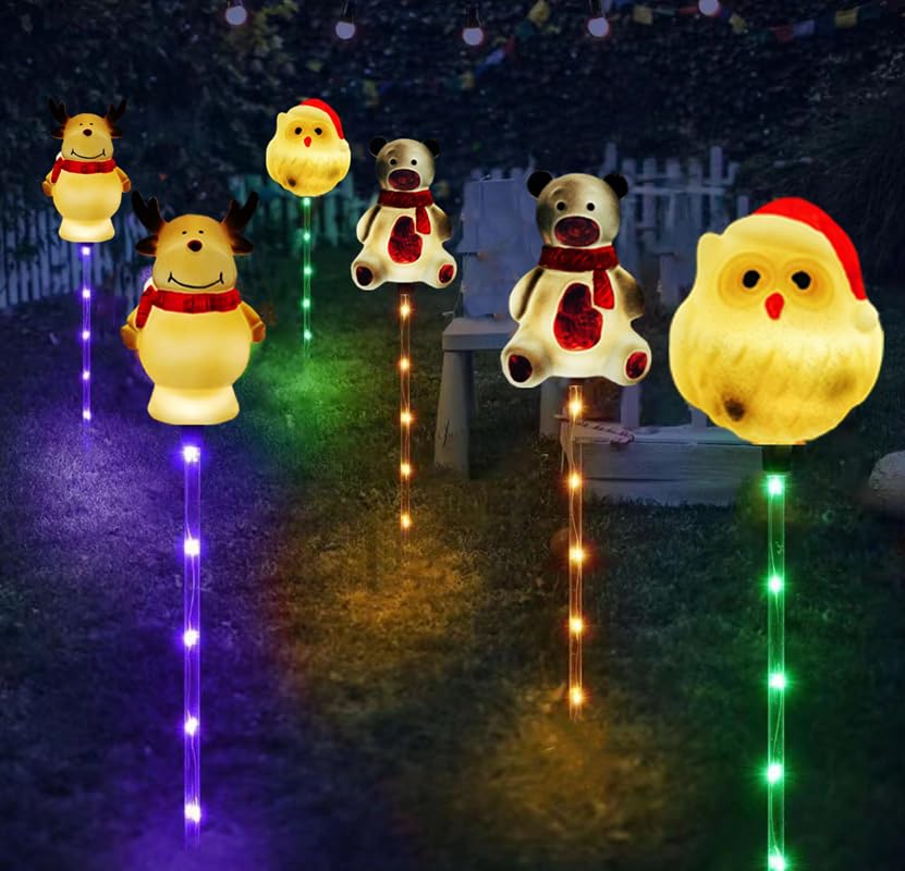YZYOE 6 Pack LED Outdoor Solar Ground Inserted Christmas Decorative Lights, Waterproof Solar Courtyard Santa Claus Cute Bear and Deer Decorative Lamp, with 8 Color Light Modes.