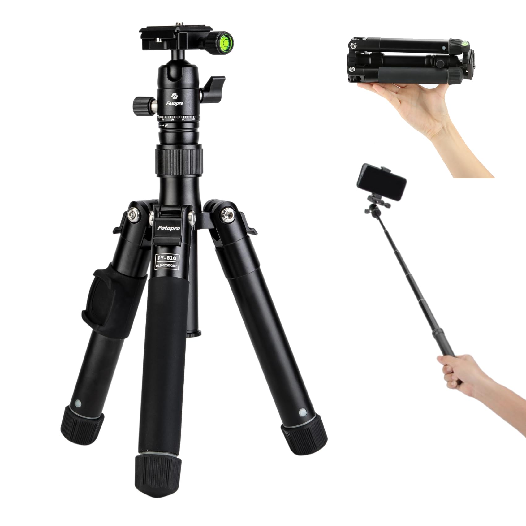 Fotopro 55" Lightweight Compact Travel Tripod, Multifunctional Mini Tripod with Aluminium Ball Head Phone Holder Detachable Selfie Stick, Folded only 8.6", Max Load 6.6 lbs, Black