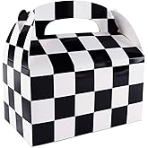 Super Z Outlet 12 Pack Black and White Checker Racing Flag Pennant Treat Gift Paper Cardboard Boxes with Handles for Candy Goodie Bags, Picnic Snacks, Birthday Party Favors (6.25" x 3 1/2" x 3.25")