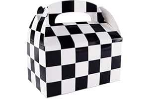 Super Z Outlet 12 Pack Black and White Checker Racing Flag Pennant Treat Gift Paper Cardboard Boxes with Handles for Candy Goodie Bags, Picnic Snacks, Birthday Party Favors (6.25" x 3 1/2" x 3.25")