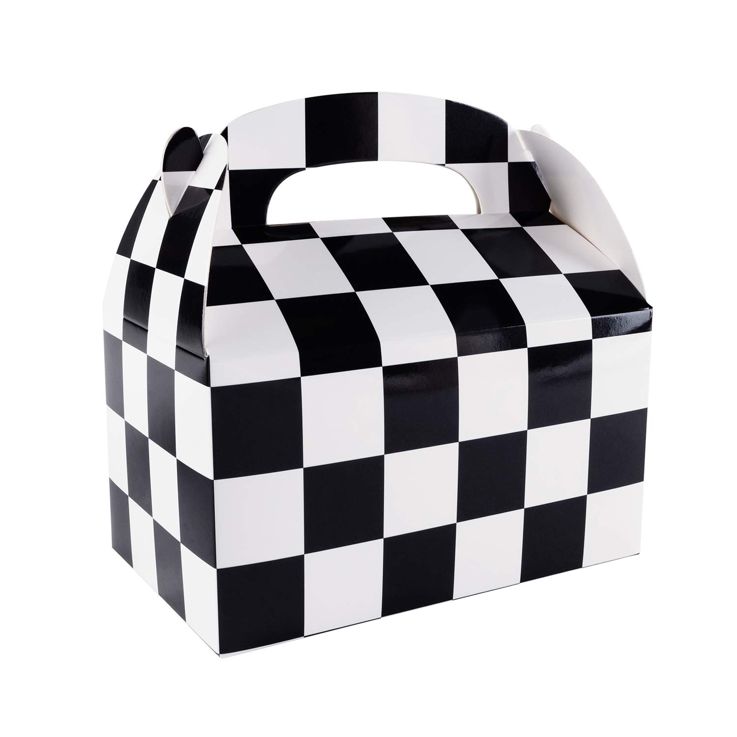 Photo 1 of Super Z Outlet 12 Pack Black and White Checker Racing Flag Pennant Treat Gift Paper Cardboard Boxes with Handles for Candy Goodie Bags, Picnic Snacks, Birthday Party Favors (6.25" x 3 1/2" x 3.25")