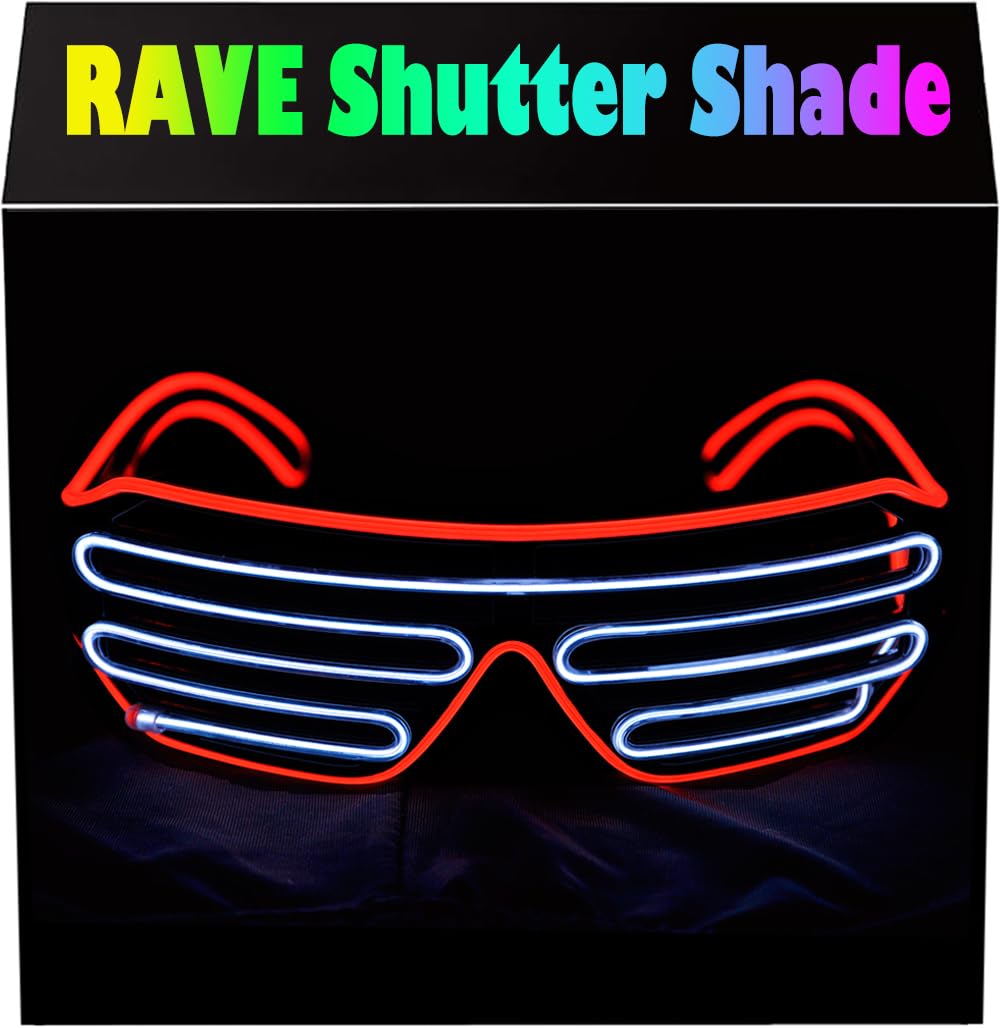 PINFOX Shutter EL Wire Neon Rave Glasses Flashing LED Sunglasses Light Up Costumes for 80s, EDM, Party RB03, Red/White, Standard