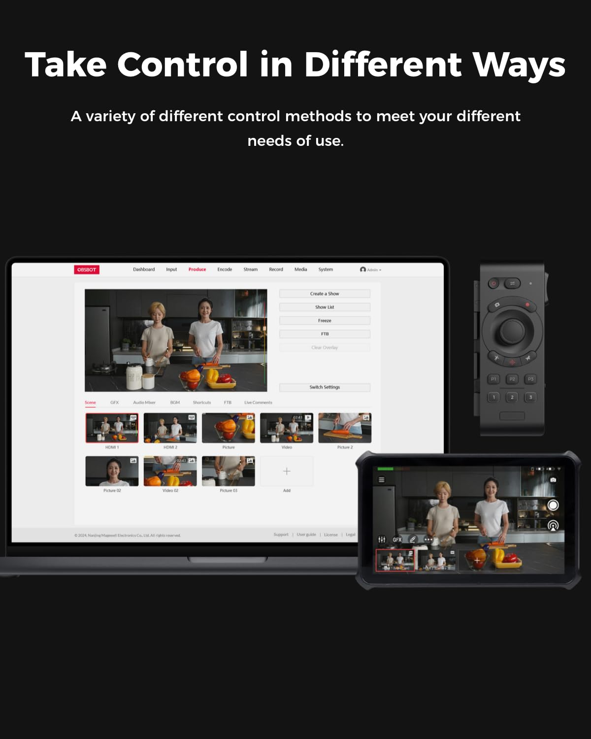 OBSBOT Talent Video Switcher Monitor Encorder Recorder All in One Video Mixer with 7 Video Inputs, Live Streaming to NDI/RTMP/SRT/YouTube and Others Platforms via Wi-Fi, 4G LTE, Ethernet, USB Port.