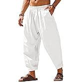 Runcati Mens Harem Pants Casual Elastic Waist Drawstring Cotton Cropped Pants Baggy Hippie Boho Beach Yoga Trousers