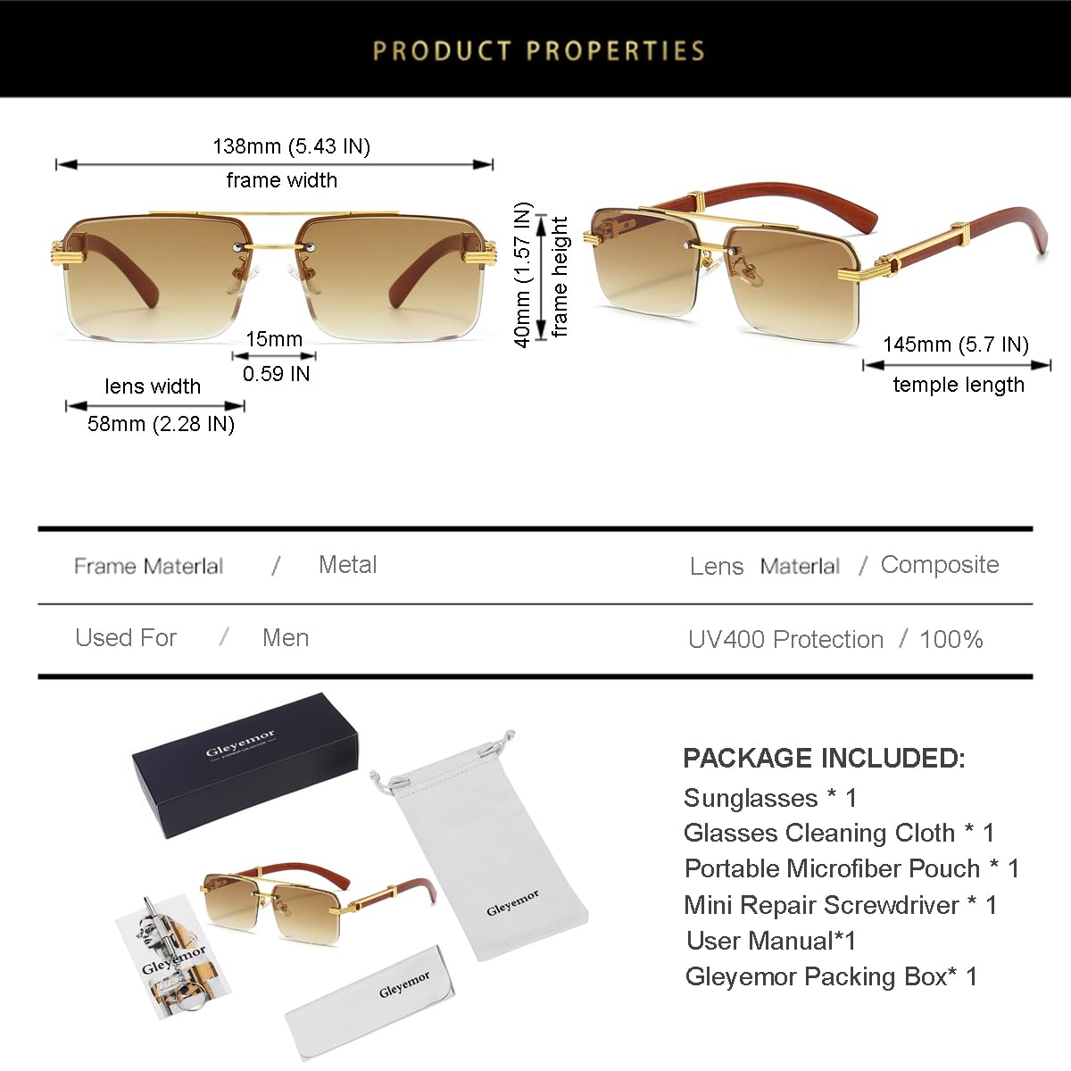 Gleyemor Mens Sunglasses Fashion Rimless Rectangle Sunglasses Square Frameless Sunglasses for Men