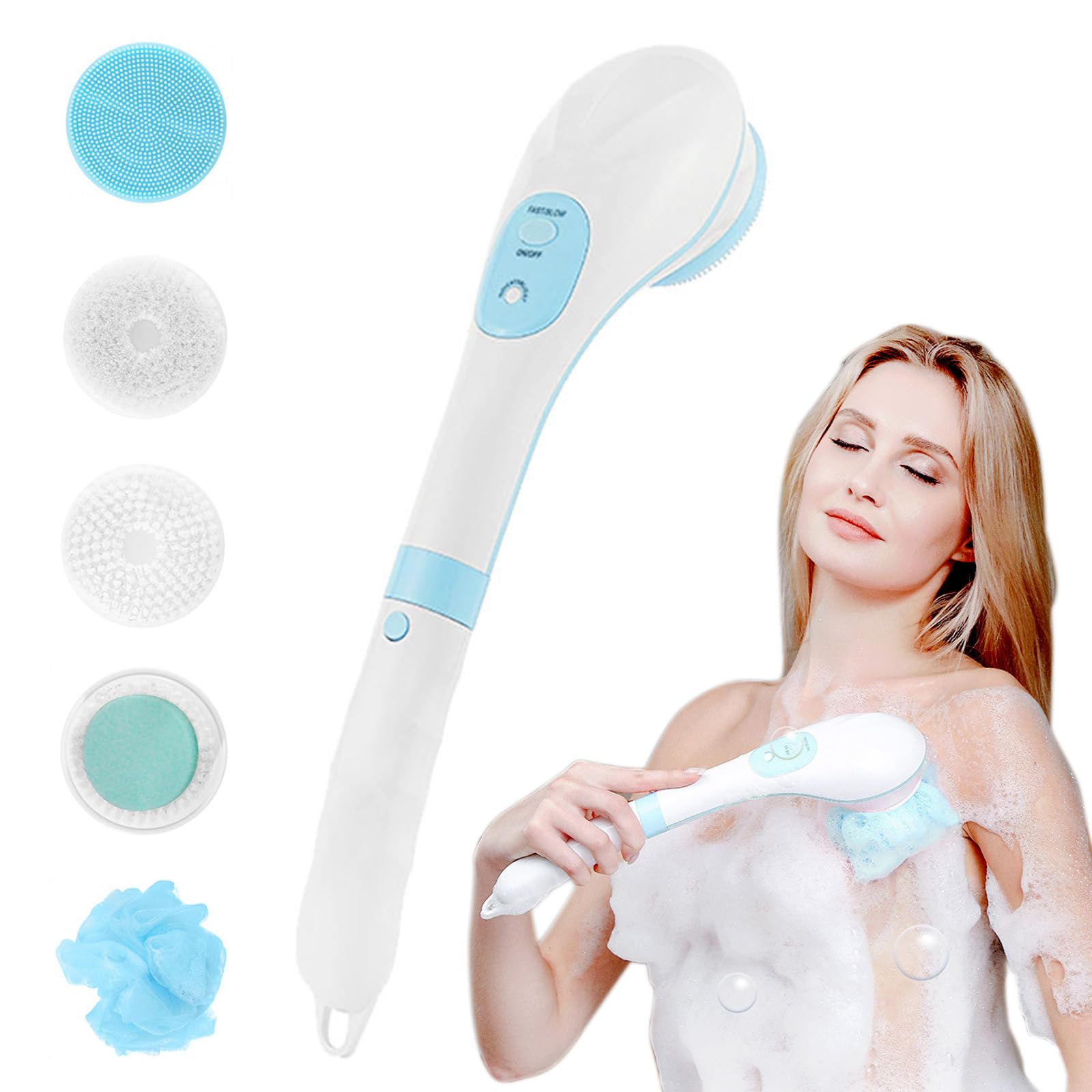 Sonhomay Body Brush Electric Facial Cleansing Brush for Shower Long Handle Exfoliating Rotating Scrubber Spin Skin Brush with 5 Brush Heads (Pink)