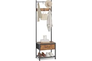 HOMEKOKO Narrow Coat Rack Shoe Bench, Hall Tree for Small Place with Drawer Storage, Shoe Bench with Cubby Storage, Wood Look Accent Furniture with Metal Frame, 3-in-1 Design (Rustic Brown)