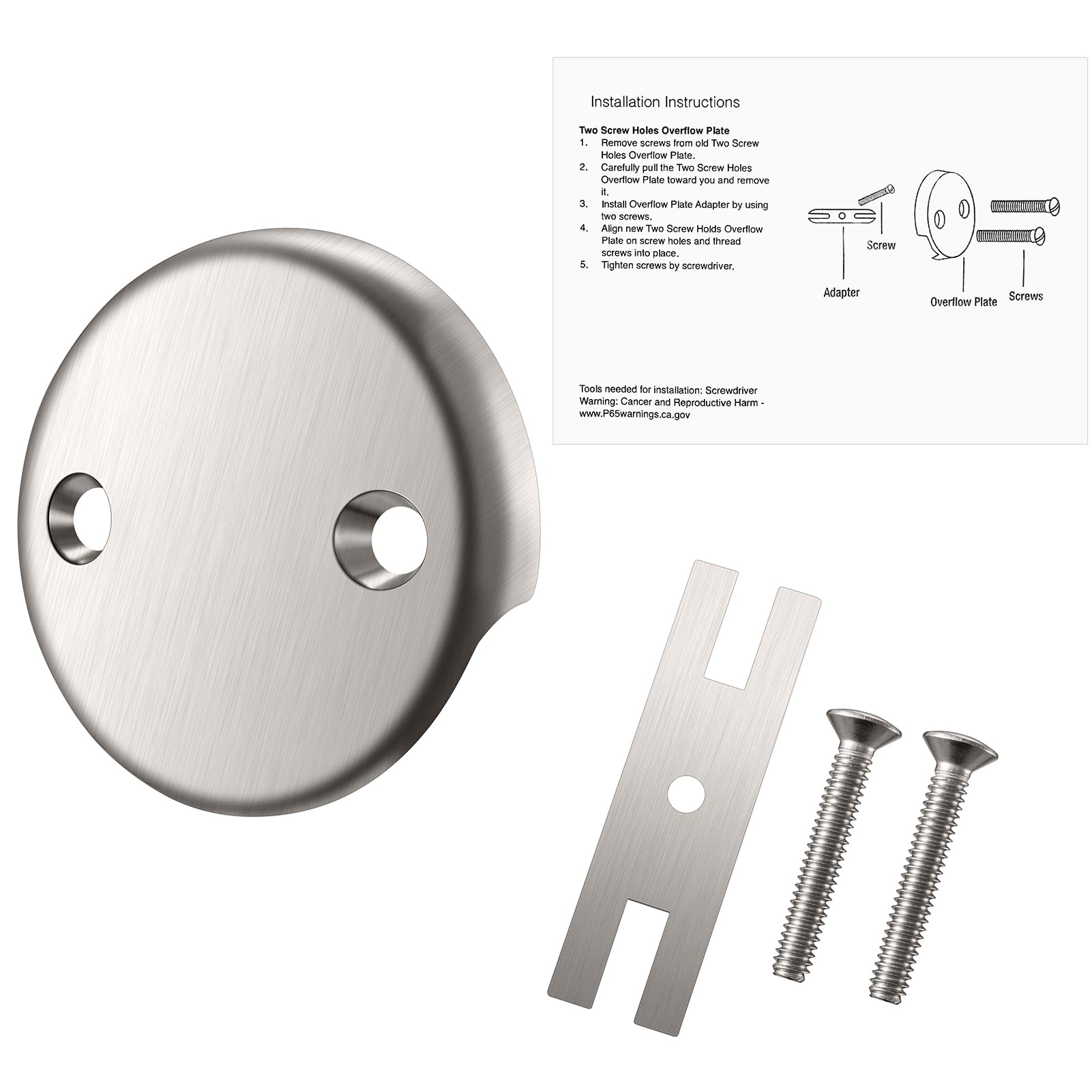 Photo 1 of 2-Hole Bathtub Overflow Cover Plate with Adapter, Brushed Nickel, Installation Hardware Included (Brushed Nickel)