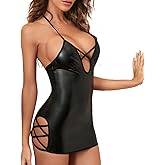 HOTSO Women Sexy Casual Leather Lingerie Deep V Neck Backless Bodycon Criss Cross Clubwear Dress Mini Dress Nightclub Dresses