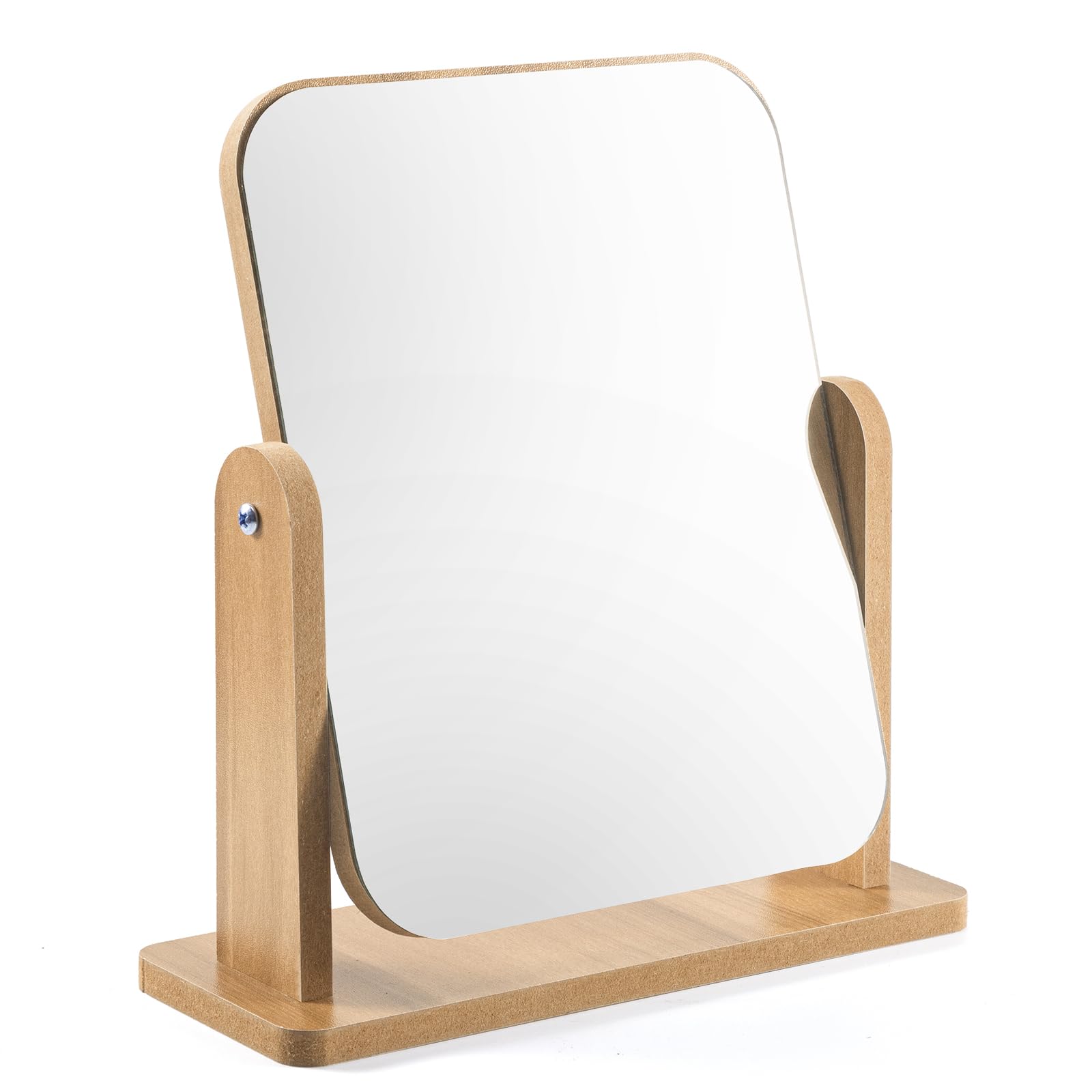 QINGMUG Vanity Mirror Wood Desk Makeup Mirror , 360° Swivel Desktop Square Mirror for Dressing Table Desk, Bathroom, Bedroom (1), 22 x 17CM