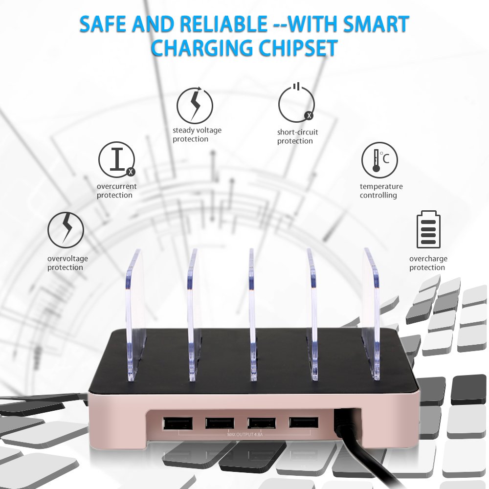 Charging Station,XPLUS 4 Ports USB Charging Station Organizer,Faster Charging Stand Universal Detachable Multi-Device Charger Compatible for iPhone,iPad ,Samsung Galaxy S8,Cell Phones,Tablets(Rose Gold)