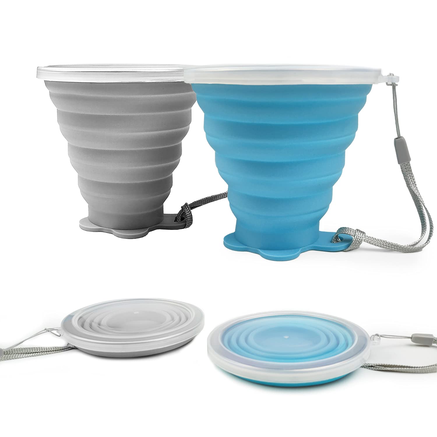 ddLUCK Silicone Foldable Cup, 2 Pack BPA Free Collapsible Travel Mugs, Folding Silicone Cups with Plastic Sealing Lid, Reusable Portable Cup Set for Picnic, Camping, Outdoor Hiking Travel