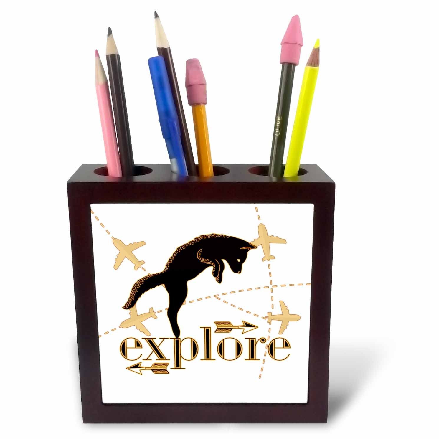 3dRose ph_245293_1 5-Inch "Explore Travel Theme with Pouncing Fox and Airplanes Tan" Tile Pen Holder - Brown