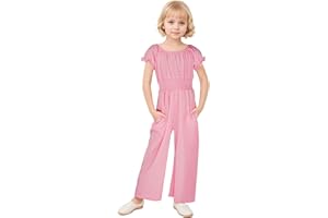 JiAmy Girls Jumpsuit Kids Casual Puffy Sleeve Romper Wide Leg Loose Rompers with Pockets 5-12 Years