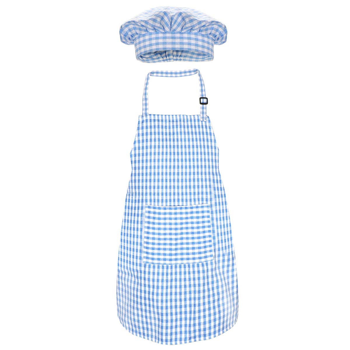 Jennice House Kids Apron and Chef Hat Set, Cute Children Baking Aprons for Boys and girls Cooking Artists Painting Gardening Aprons (Blue Gingham, Small)