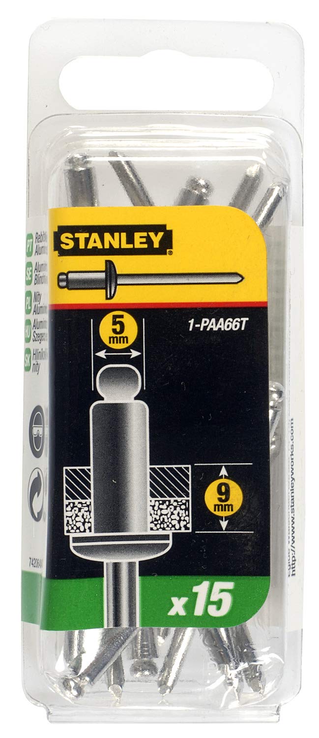 Stanley 1-PAA66T Aluminium Rivets, Silver, 5 x 9 mm, Set of 15 Piece