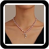 Zeshimb Candy Cane Christmas Necklace Red Bead Crutch Pendent Necklace Christmas Red Beads Necklace Enamel Candy Cane Necklace Jewelry for Women Holiday Gifts