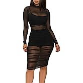 Atyfuniby Women's Sexy 3 Piece Outfits Mesh See Through Ruched Midi Dresses + Crop Tank Tops + Skinny Shorts Sets Clubwear