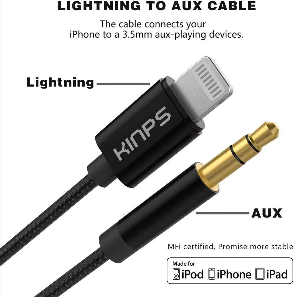 KINPS Aux to Lightning Cable 4FT, [Apple MFI Certified] 3.5 mm Headphone Jack Adapter Male Audio Cord Compatible with iPhone 11 Pro Max/iPhone 11/XS/XR/X/8/7 (Black-1 Pack): Electronics