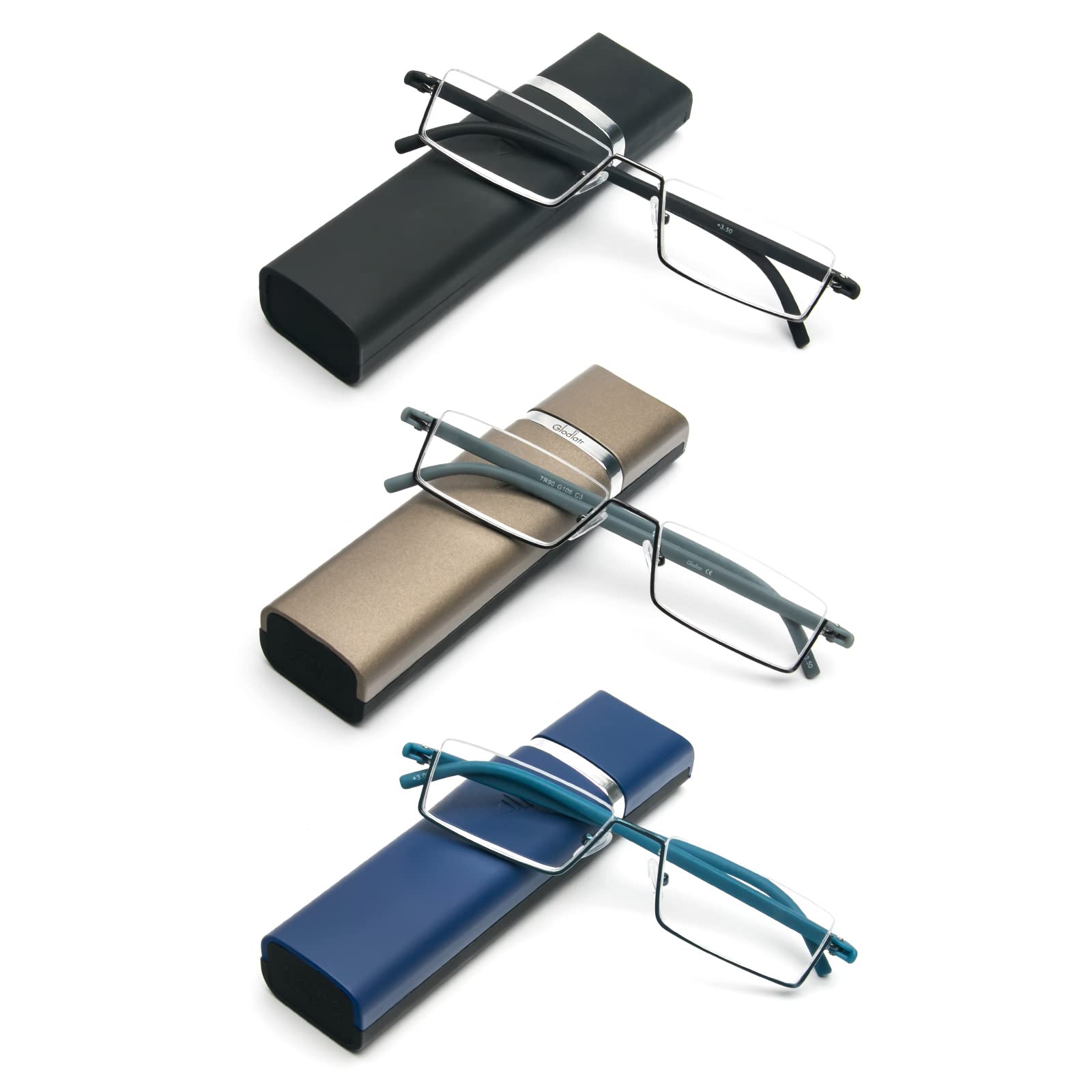 KoKoBin Reading Glasses with Ultralight TR90 Frame Reading Aid Half Glasses Made of Metal Frame with Half Frame Viewing Aid with Glasses Case for Men and Women (3 Pack, +3 Dioptres (3 Pack))