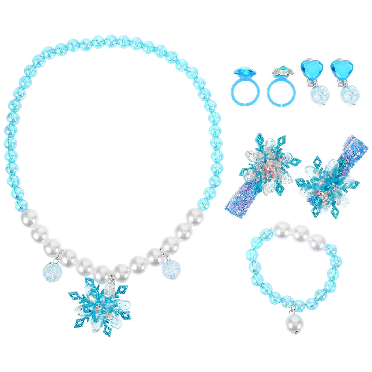 TOVINANNA Kids Snowflake Necklace Bracelet Set Beaded Jewelry with Rings Hair Clips and Clip-on Earrings for Girls Age 4-8 Birthday Party Accessories