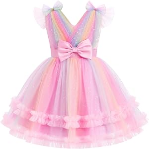Toddler Girls Sparkly Rainbow Dress Sequin Tulle Princess Tutu Dress Pageant Birthday Princess Outfit 2-8T