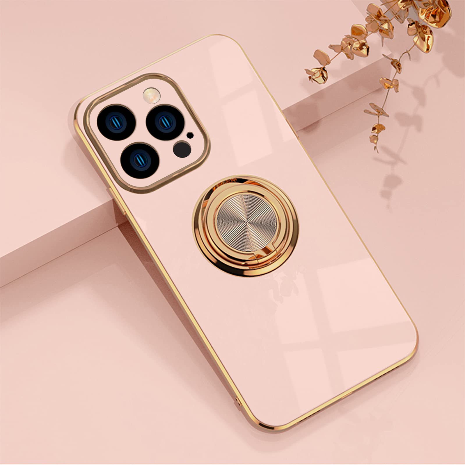 EYZUTAK Electroplated Magnetic Ring Holder Case, 360 Degree with Rotation Metal Finger Ring Holder Magnet Car Holder Soft Silicone Shockproof Cover for iPhone 13 Pro Max 6.7 inch - Light Pink — image 1