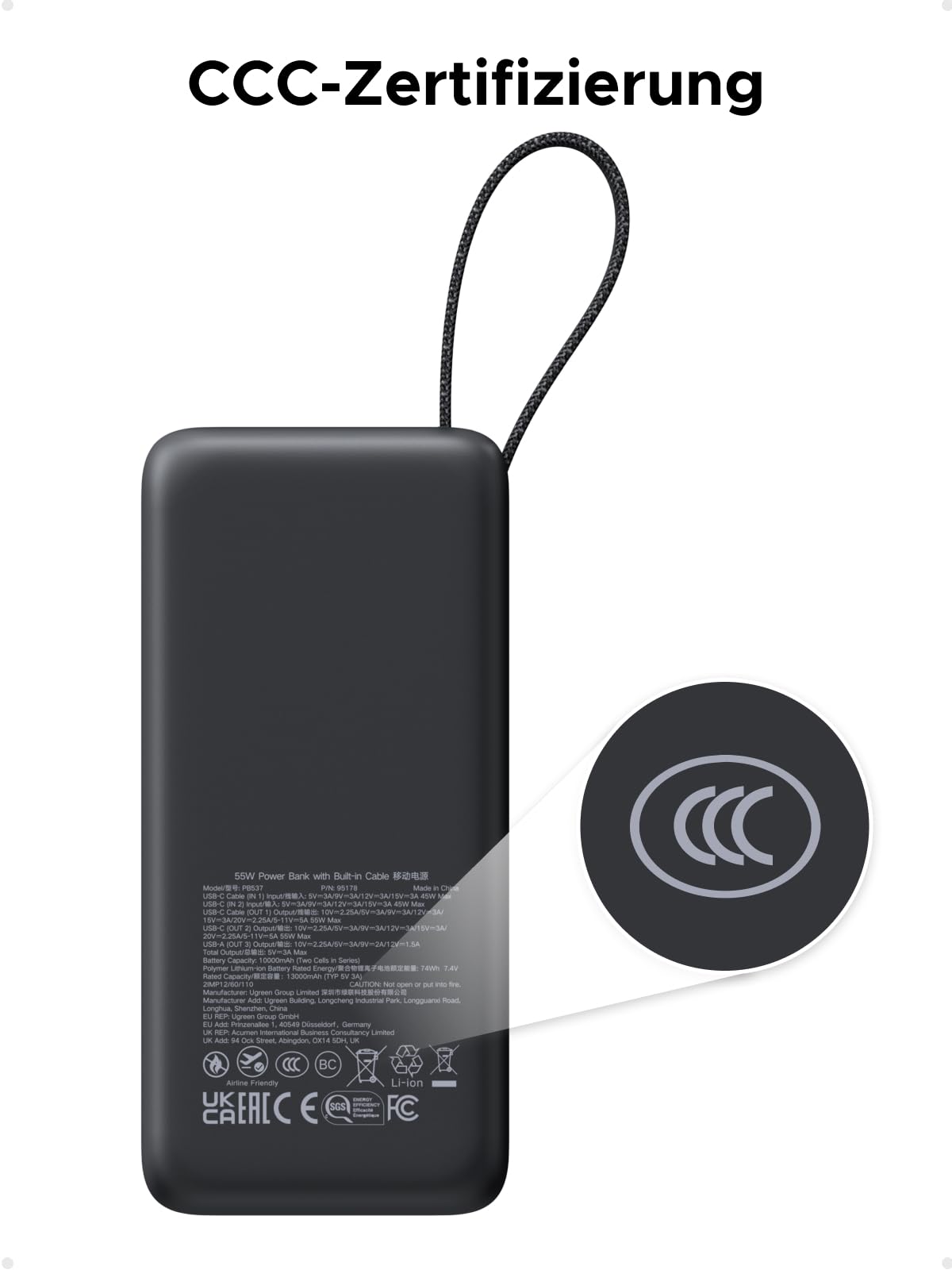 UGREEN Nexode Power Bank 20000mAh 55W mit CCC-Zertifizierung, Mi Turbo Charge für Xiaomi, 45W PD Schnellladung integriertem Kabel, kompatibel mit iPhone 17/16/15, Galaxy S26 Ultra und mehr 2