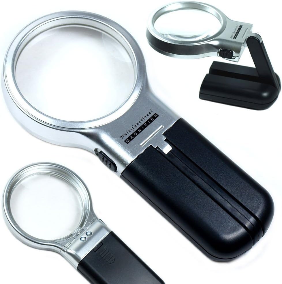 DECORVAIZ Multifunctional 3-in-1 Hand-Held Folding Lighted High-Powered Magnifier Glass with 3X Zoom and 2 LED Lights