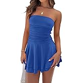 Women Sexy Tube Top Silk Dress Strapless Ruched Basque Waist Ruffle Layer Mini Dress Jumpsuit Party Dresses