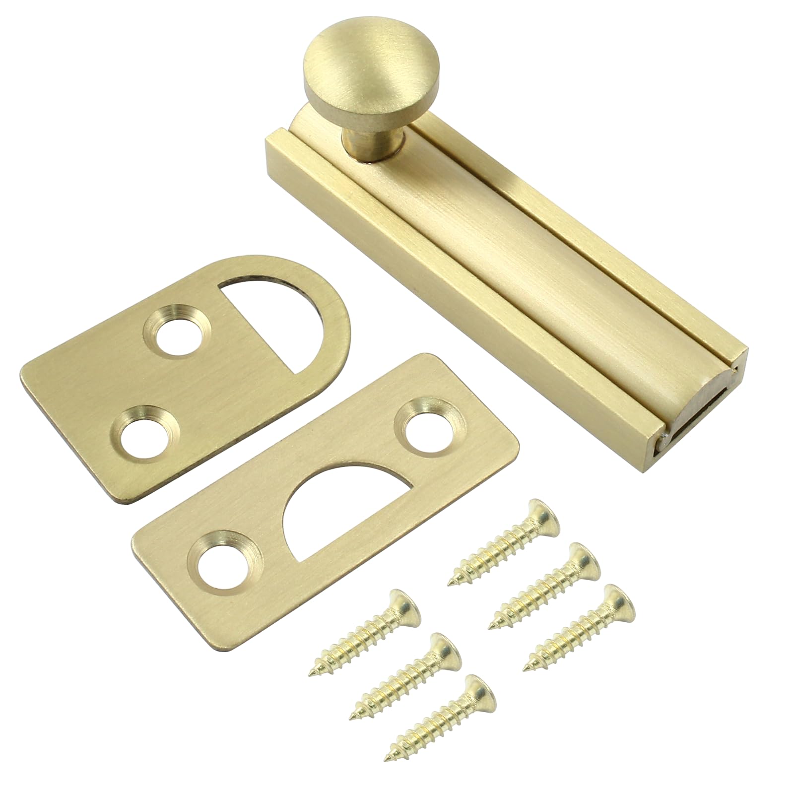 Photo 1 of Luomorgo 1 Pack Solid Brass 2 Inch Surface Bolt, Brushed Gold Slide Latch Door Lock Bolt, Heavy Duty French Door Lock for Recessed Doors, Flush Gates