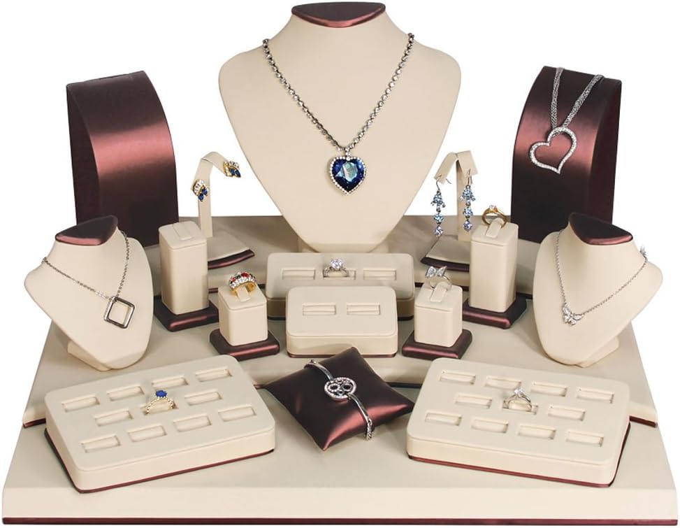 Deluxe Beige Jewelry Display Stands Set - 19 Pieces Per Set