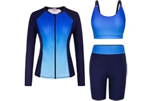 GRACE KARIN Women's 3 Piece Rash Guard Built-in Bra Long Sleeve UV Sun Protection Swimsuit Zip up Swim Top Shirt Modest