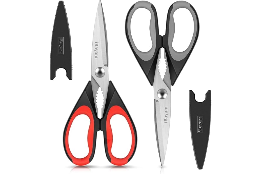iBayam Kitchen Scissors Shears All Purpose Heavy Duty, Protective Sheath | 2-Pack, Ultra-Sharp Stainless Blades, Soft Comfort Book