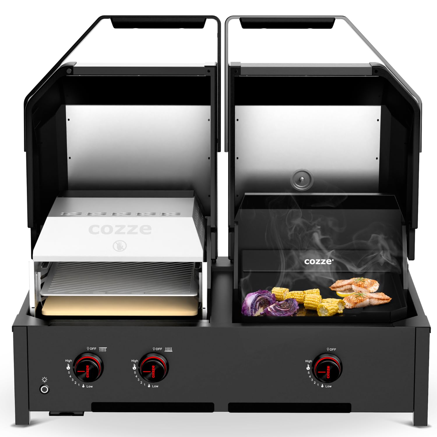 Cozze® Quattro 900 4-in-1 Gasgrill Station: Pizzaofen, Plancha, Grill & 800°C Steakzone – Inkl. Pizzastein & Gusseisenplatte mit 3 Brenner + Infrarot (13 kW) 5