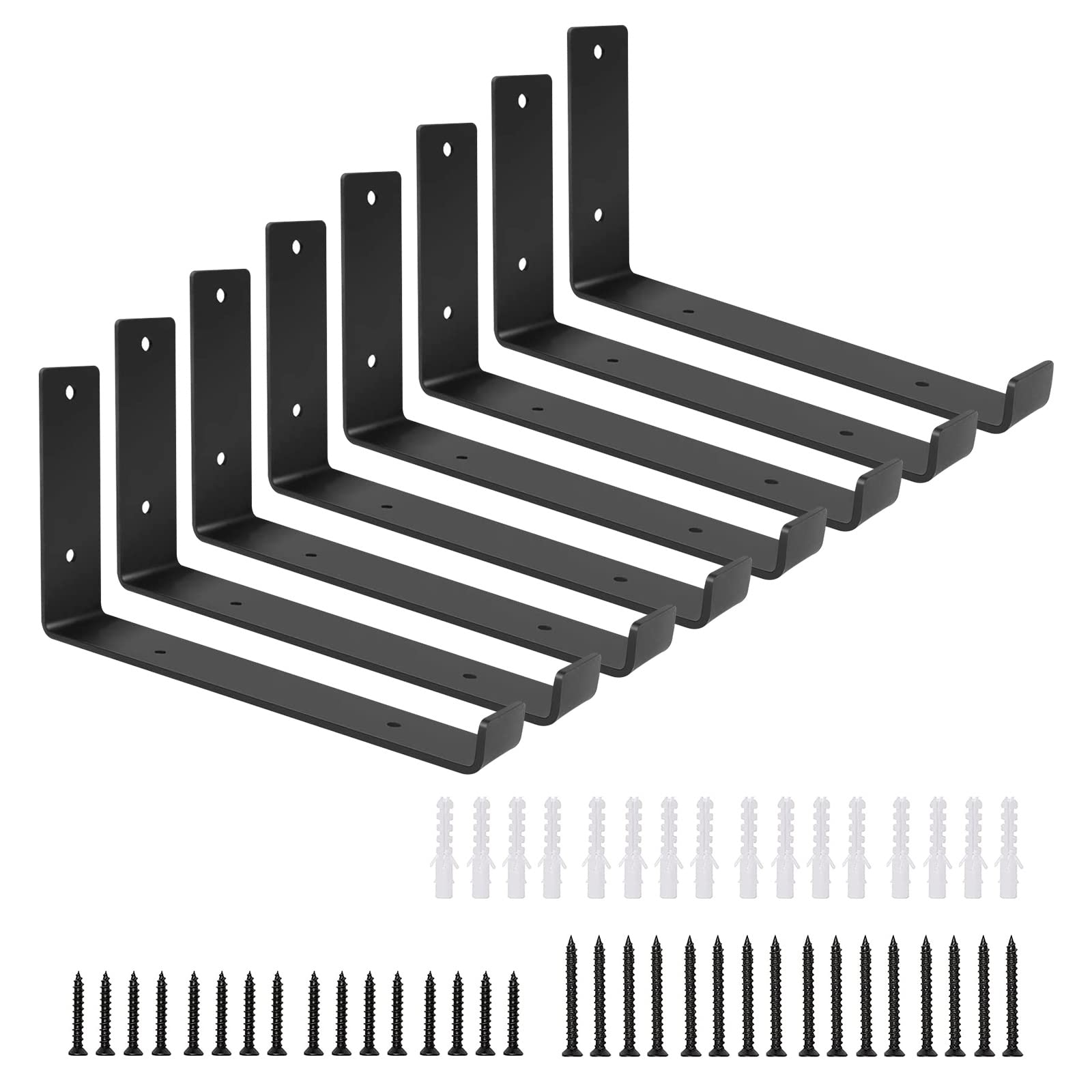 8 x Heavy Duty Shelf Brackets, Black Rustic Shelf Brackets for Wooden Wall Shelves Vintage Metal Shelf Bracket with Lip for Scaffold Board Shelving, 205mm x 140mm