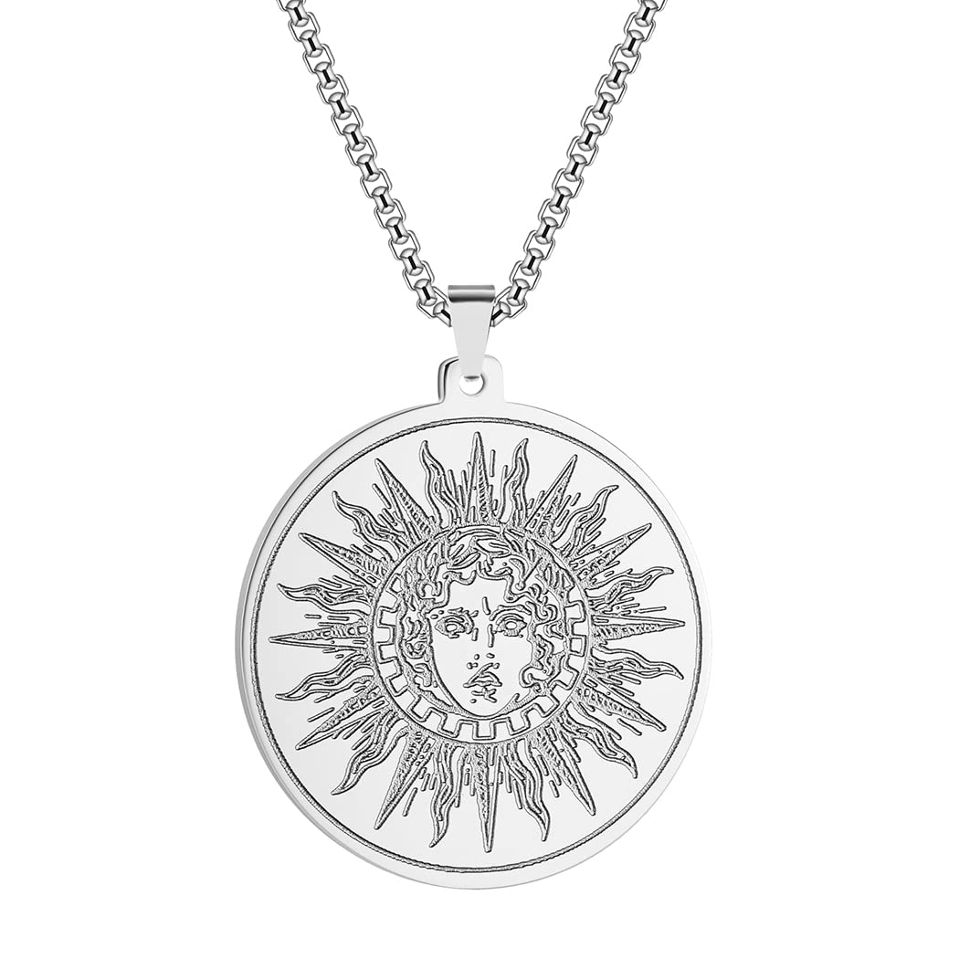 QIAMNI 316L Stainless Steel Coin Necklace Ancient Greek Sun God Helios Amulet Pendant Keep Safe and Smooth (silver)