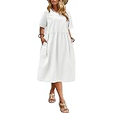 IN'VOLAND Plus Size Loose Cotton Linen Dresses Summer Casual Midi Dresses with Pockets 16W White