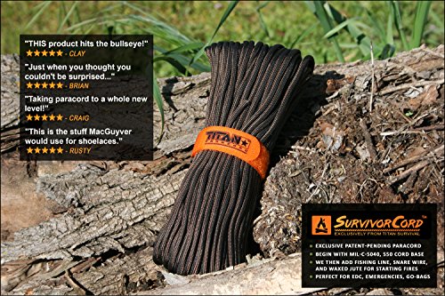TITAN-SurvivorCord-Military-550-Paracord-316-Diameter-Fishing-Line-Waxed-Jute-Conductive-Wire-Exclusive-Patent-Pending-Parachute-Cord-Design TITAN-SurvivorCord-Military-550-Paracord-316-Diameter-Fishing-Line-Waxed-Jute-Conductive-Wire-Exclusive-Patent-Pending-Parachute-Cord-Design