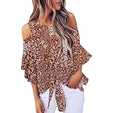 Chuanqi Womens Cold Shoulder Blouse Bell Sleeve Tie Knot Casual Summer Shirt Tops
