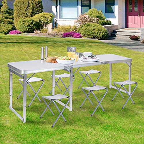 FrenzyBird Folding Picnic Table with 6 Stools, Aluminum Table Oxford