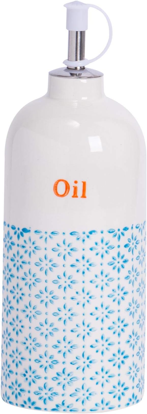 Nicola Spring Porcelain Olive Oil Drizzler Pourer Dispenser Dressing Bottle - Blue/Orange Print, 500ml
