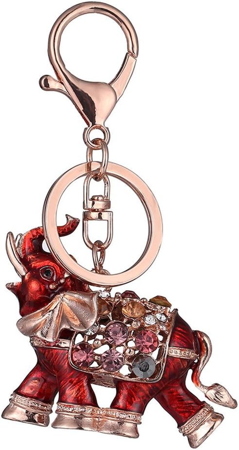Yibenwanligod Lucky Elephant Keychain Colorful Rhinestone Women Bag Key Ring Souvenir - Red