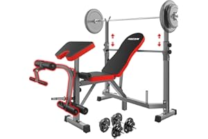 Hozzen 6-in-1 Weight Bench Set Olympic Workout Bench 660LB, Adjustable Weight Bench with Bench Press Bar for Home Gym, Leg Exercises Preacher Curl, Strength Training, Incline Decline Dumbbell Press