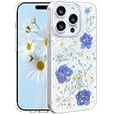 CEOKOK for iPhone 15 Pro Case Cute Clear with Real Pressed Flowers Design Glitter Sparkly Blue Dried Floral Slim Soft TPU Protective Women Girl's Phone Cover for iPhone 15Pro(Glitter Violet)