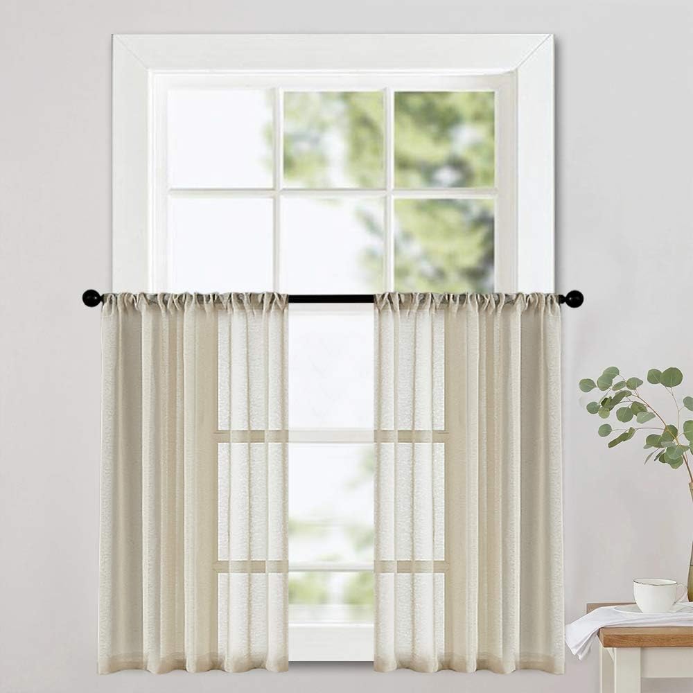 MRTREES Sheer Tier Curtains Beige Kitchen 36 inches Long Bathroom Short Curtains Sheers Transparent Voile Half Window Treatments Rod Pocket Light Filtering Cafe Curtains 2 Panels